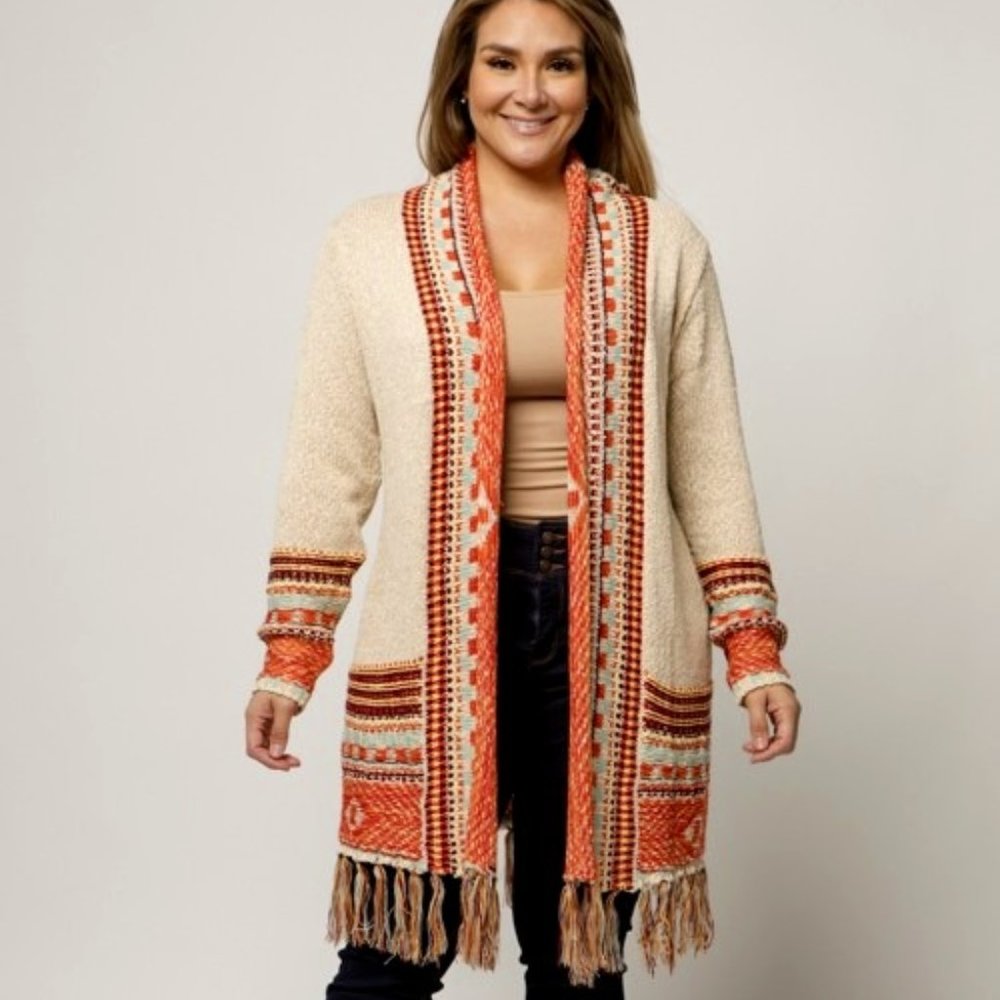Plus size MULTI BORDER PRINT FRINGE CARDIGAN